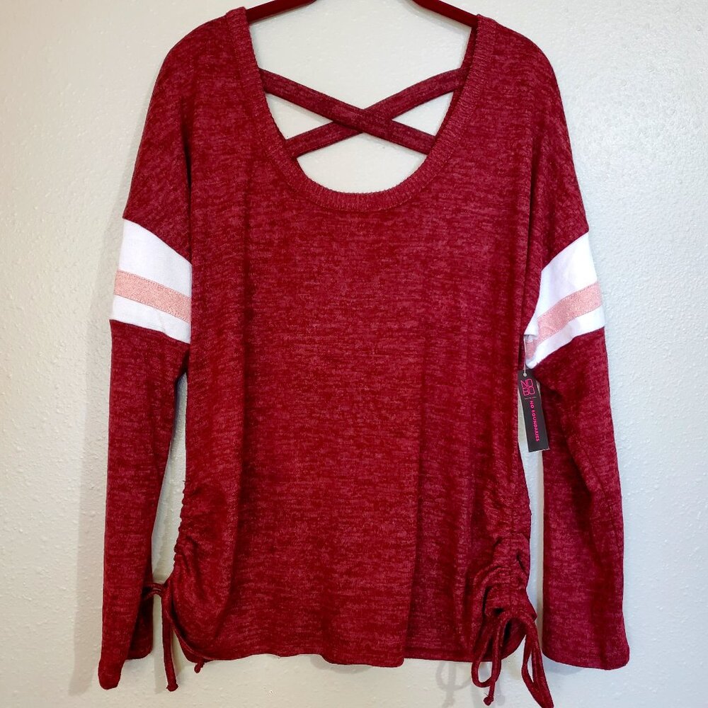 NWT No Boundaries Burgandy Ruched Tie Criss Cross Back Top XXL
